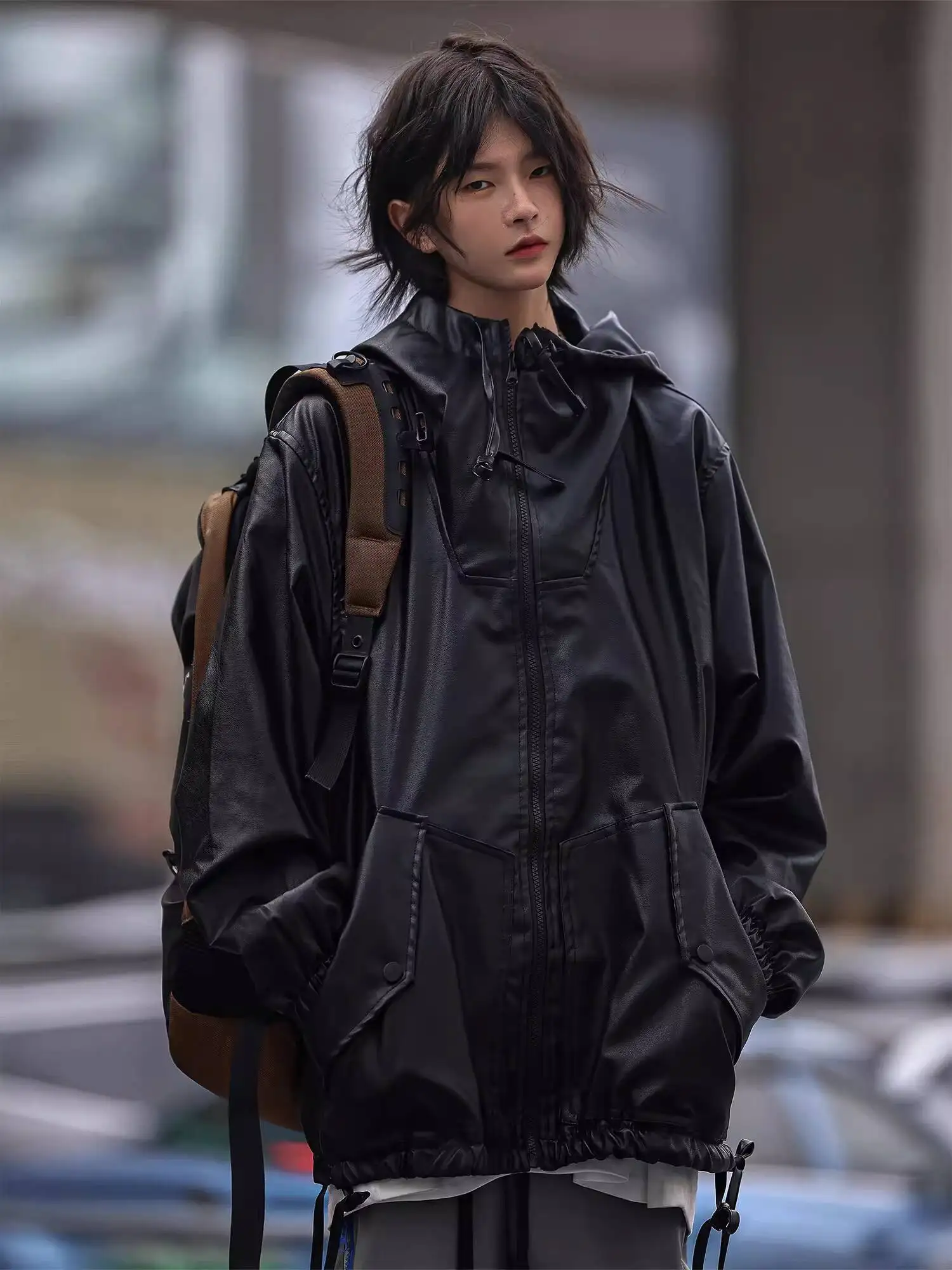 

Толстовки унисекс из искусственной кожи, осень 2021, байкерская куртка из искусственной кожи, уличный стиль, с капюшоном, модное пальто с капюшоном для пар, верхняя одежда