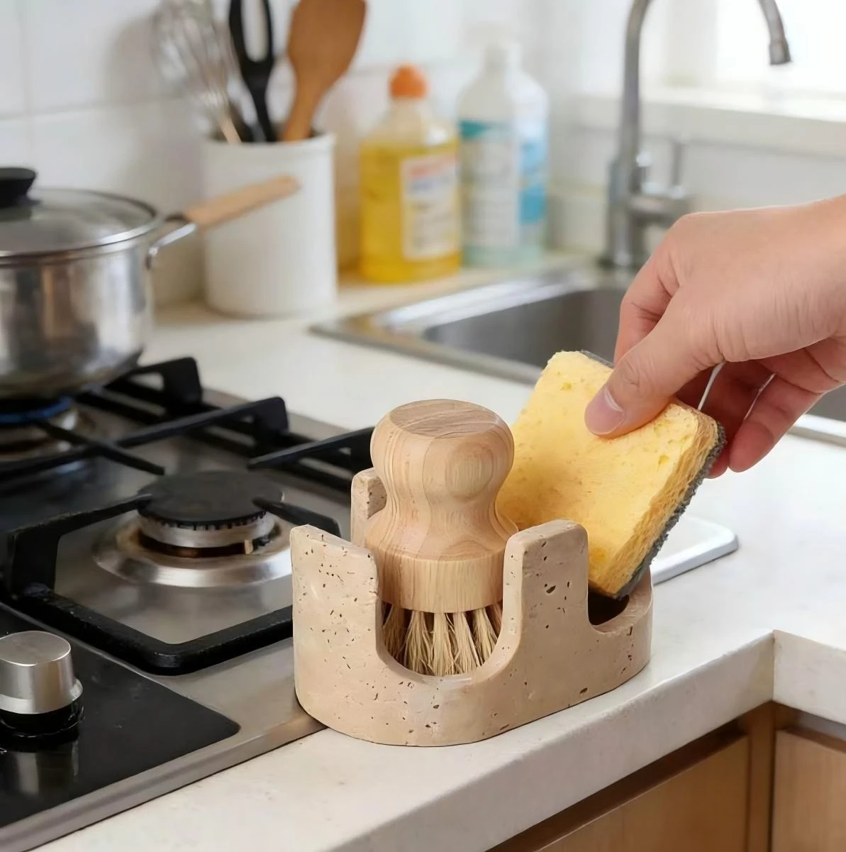 Natural Travertine Marble 2-Slot Sponge Holder for Kitchen Counter, 2-in-1 Stone Drying Rack, Sponge Caddy for Sink Organizer