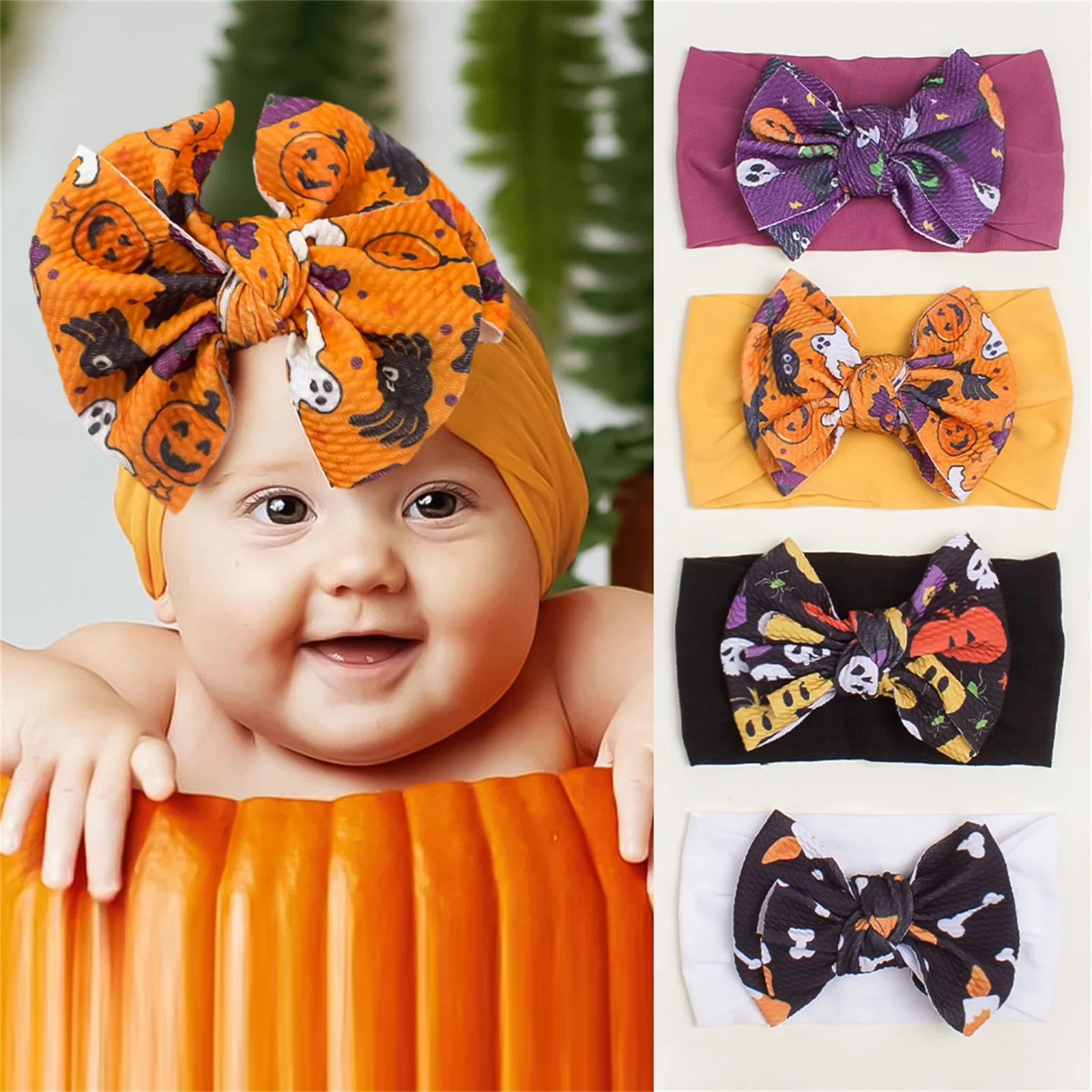 EWODOS Halloween Baby Girls Headband Cute Big Bow Pumpkin Print Hair Band Newborn Elastic Headwear Cute Babies Hair Accessories