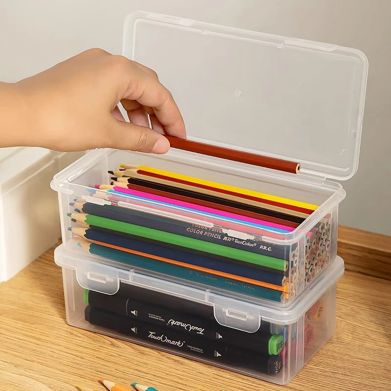 1PC Storage Organizer Box Large Capacity Plastic Pencil Box Stackable Translucent Clear Pen Box Office Supplies