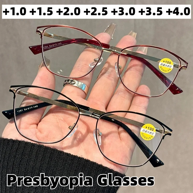

New Metal Cat-Eye Anti-Blue Light Presbyopia Glasses Stylish Openwork High-Definition Reading Eyewear Unisex +1.0 To +4.0