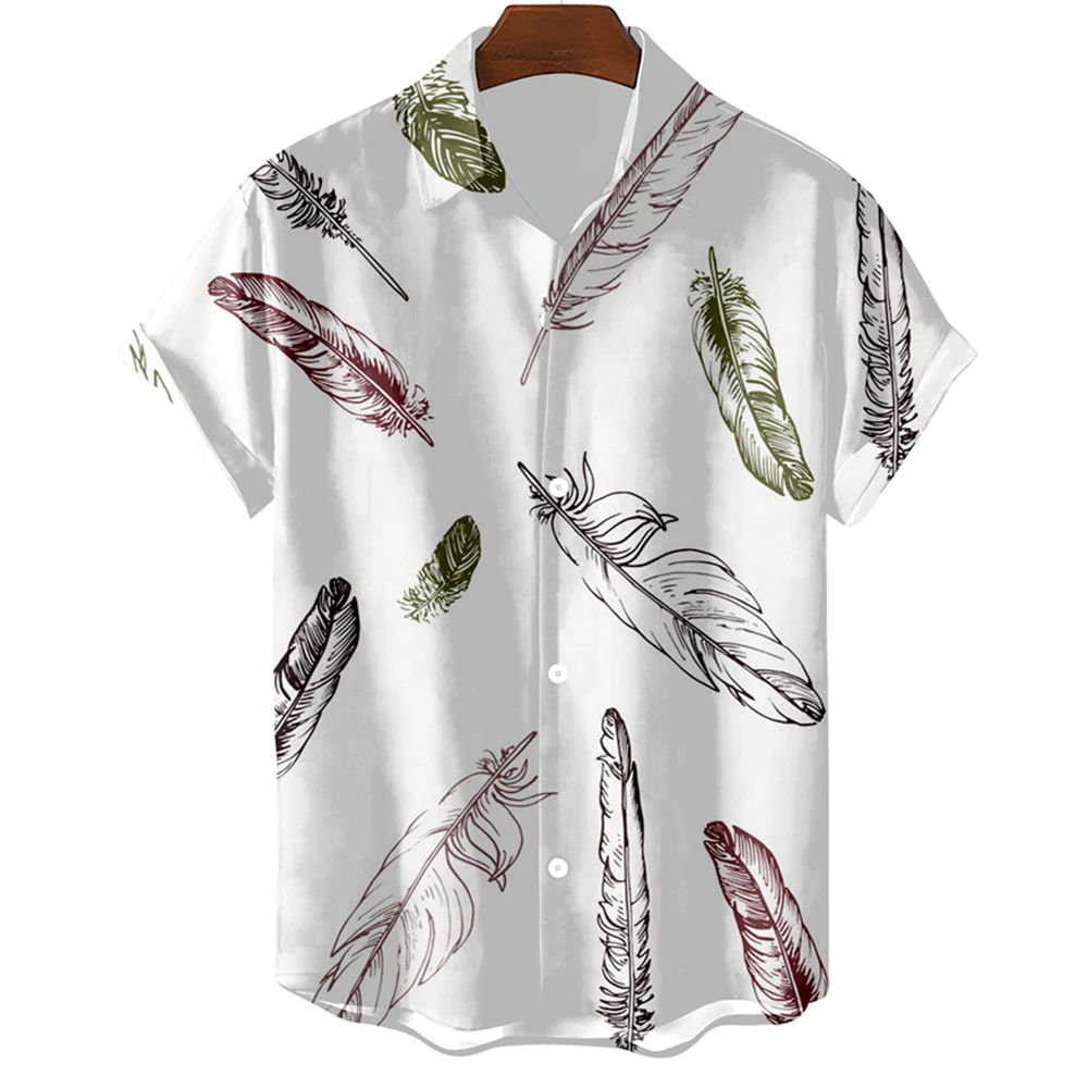 Fashion Original Men\'s Shirt Hawaii Casual Men Shirt Slim Fit Short Sleeve Tops Oversized Simple Feather Print Camisa MasculinaA