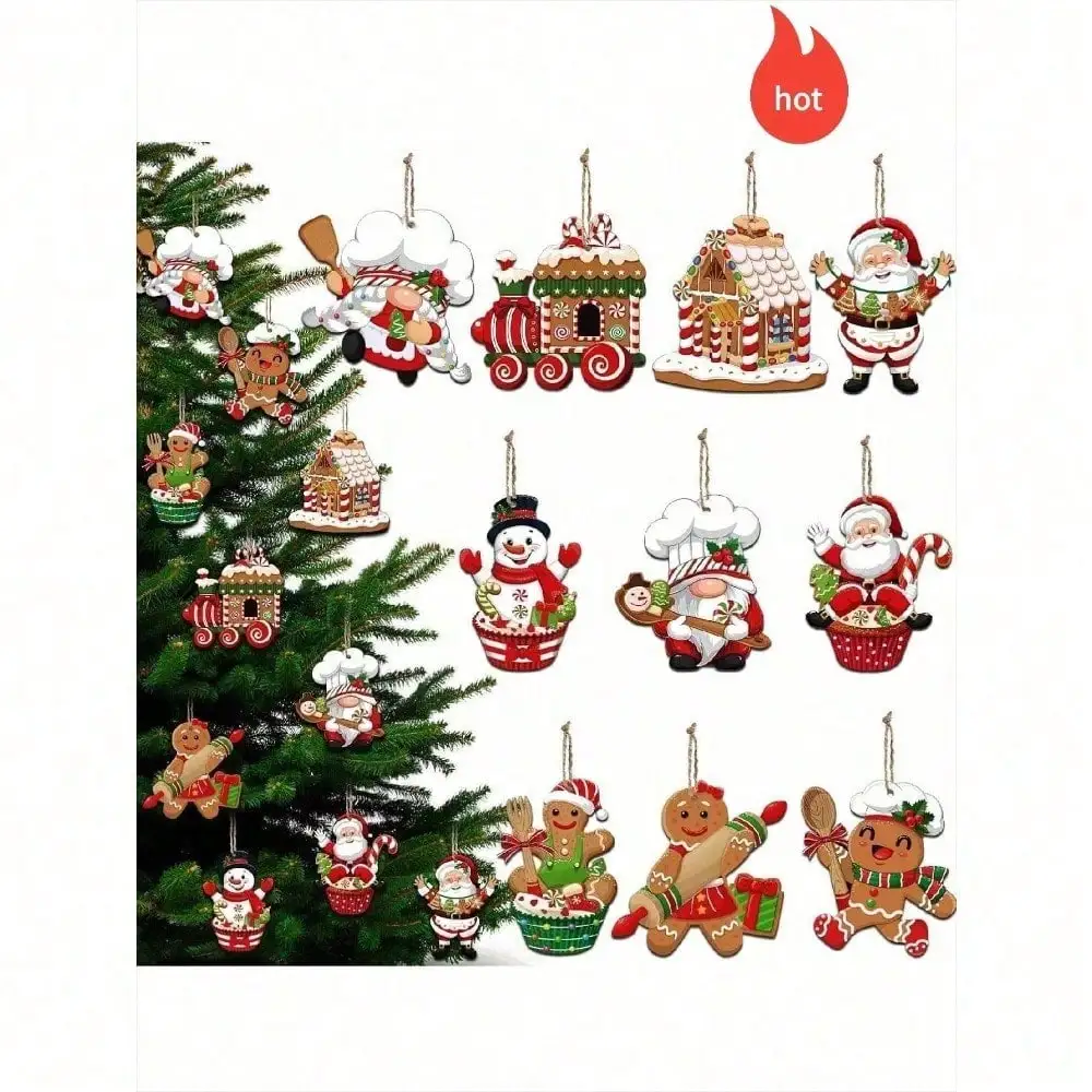 

10pcs Gingerbread Christmas Decorations, Wooden Chef Santa Baking Gingerbread Candy Cake Decor, Christmas Tree Hanging