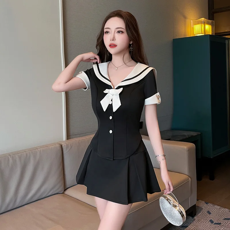 New workwear, navy collar pleated skirt set, foot massage technician, nightclub outfit, sexy, slim fit, slimming effect dress