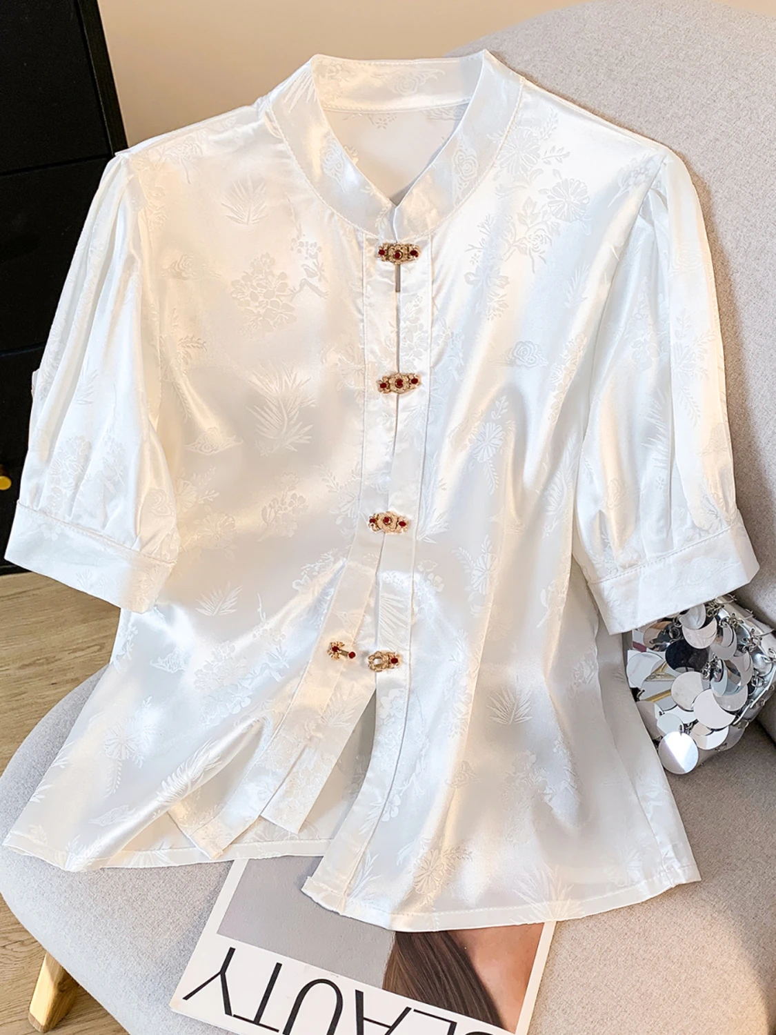 

Ele Satin Women's irt Button up Collar Traditional Chinese Sle Modified Tang Costume Top Retro Commute Loose Fit or...