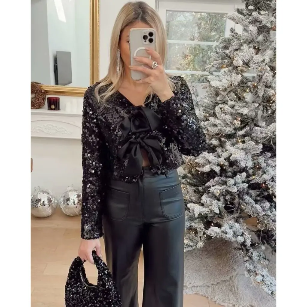 

Spring Women's Street Fashion Sequined Lace-Up Top European American Style Clothing