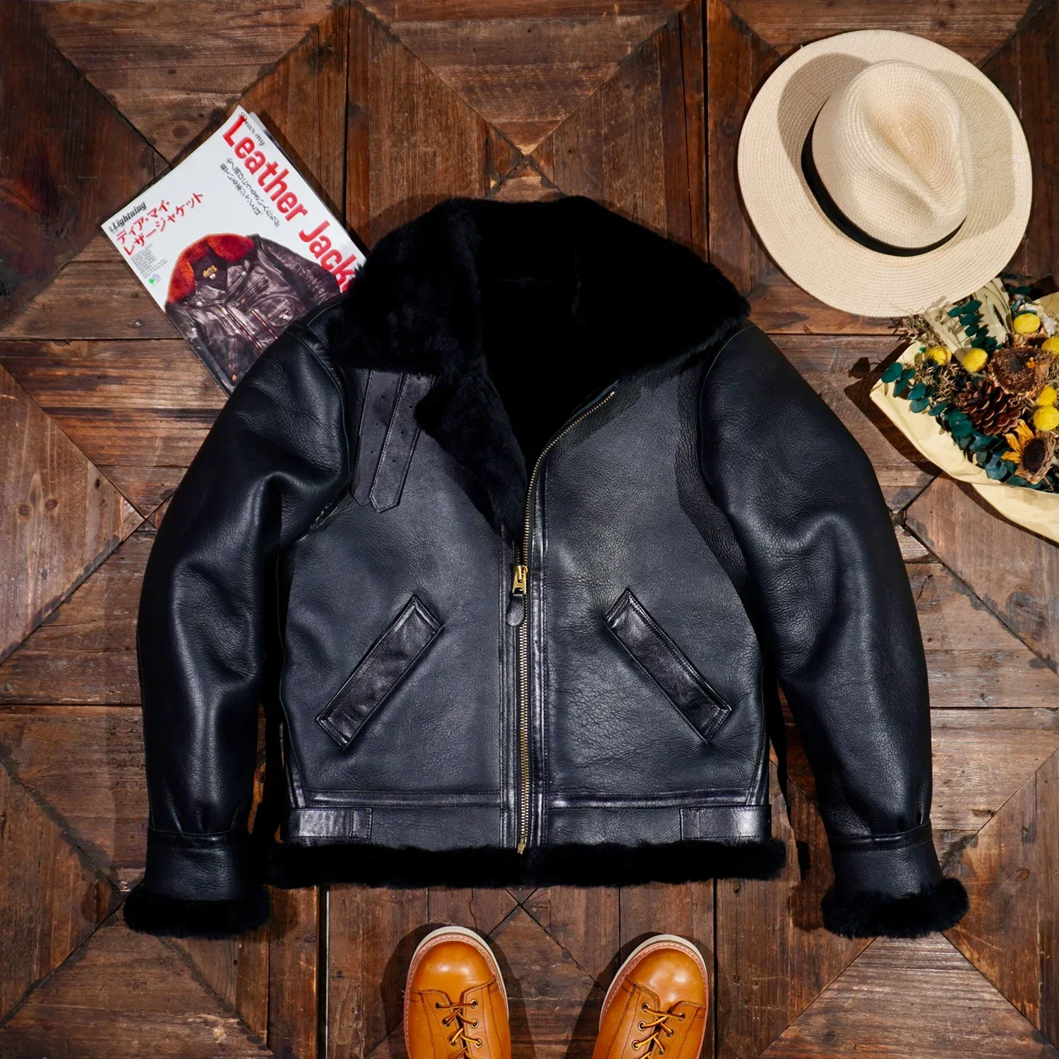 

Tailro Brando Australia Merino Shearling B3 Bomber Men's Vintage Warm Short Genuine Fur Jacket