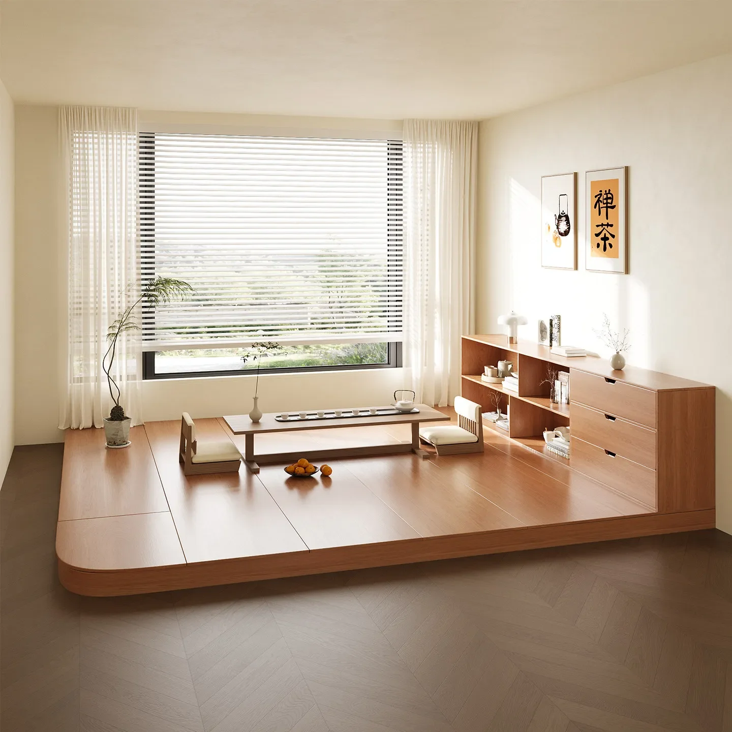 Solid wood bed, simple modern tatami bed, double Japanese-style low bed, homestay balcony, attic floor locker customization