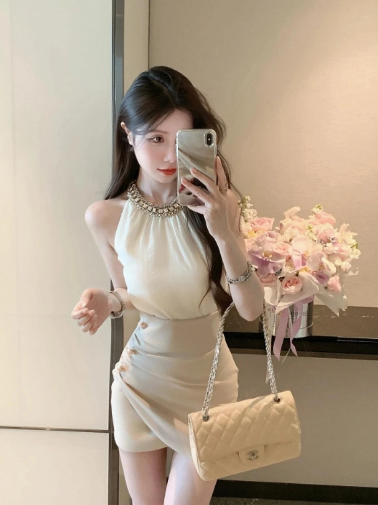 

Korean Luxury Summer Design Diamond Embellied Svel Vest Top High Waist Bodycon Skirt Faion Set Women's Sle