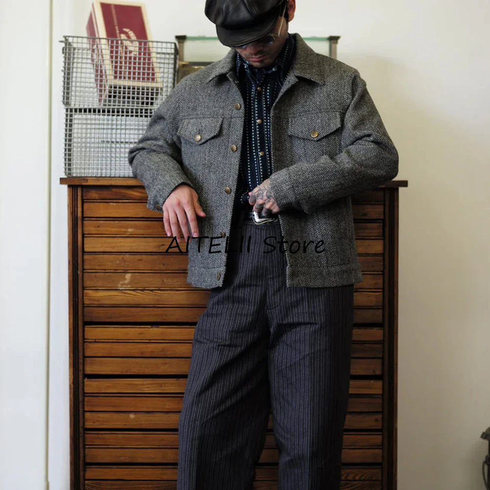 

Casual Vintage Herringbone Jacket With Lapels Blazers for Man Metal Single-breasted Buttons Costumes Double Breast Pockets Suit