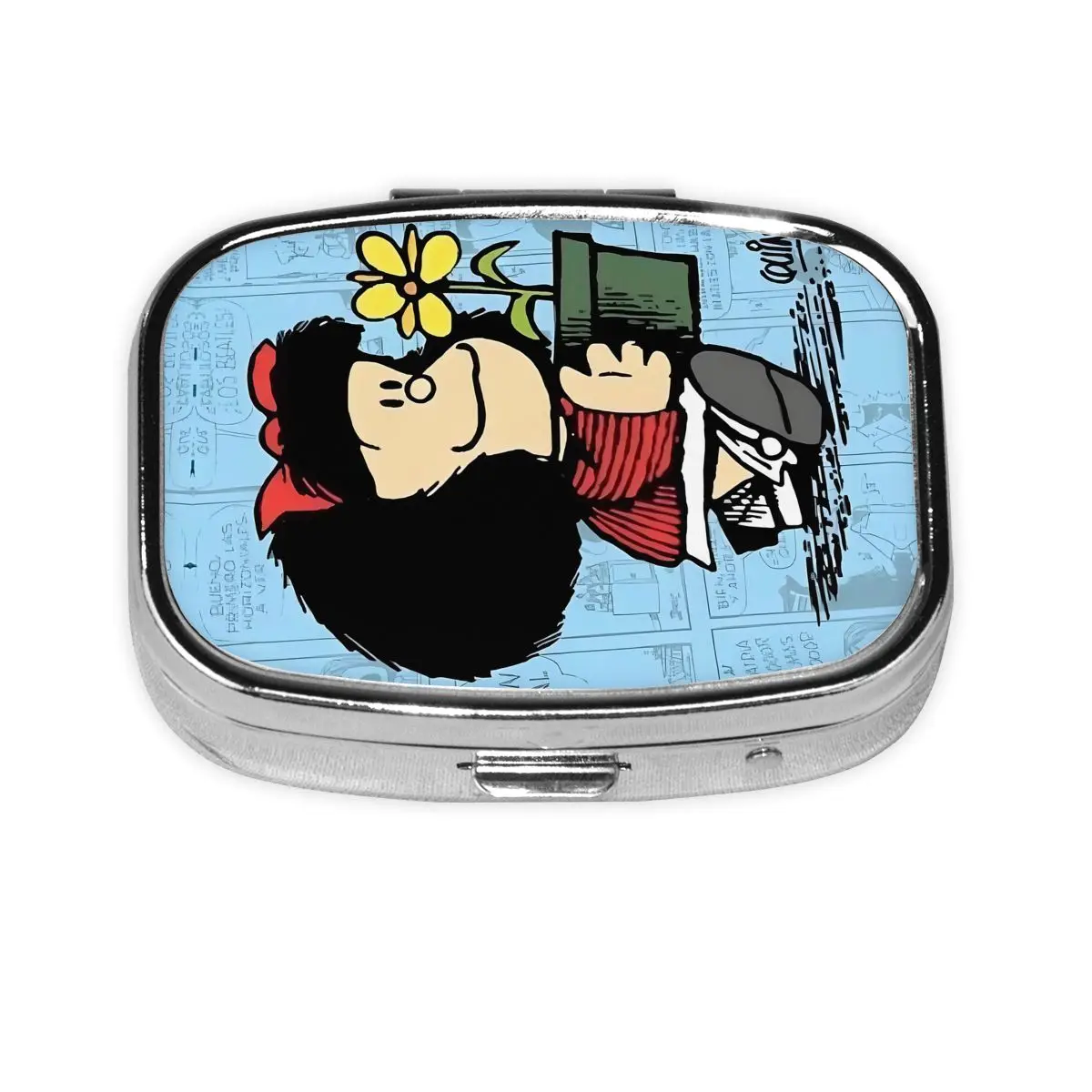 Humor Mafalda-fundas para pastillas portátiles compactas, organizador de medicina de dibujos animados de Quino de 2 compartimentos, caja de almacenamiento para viajes