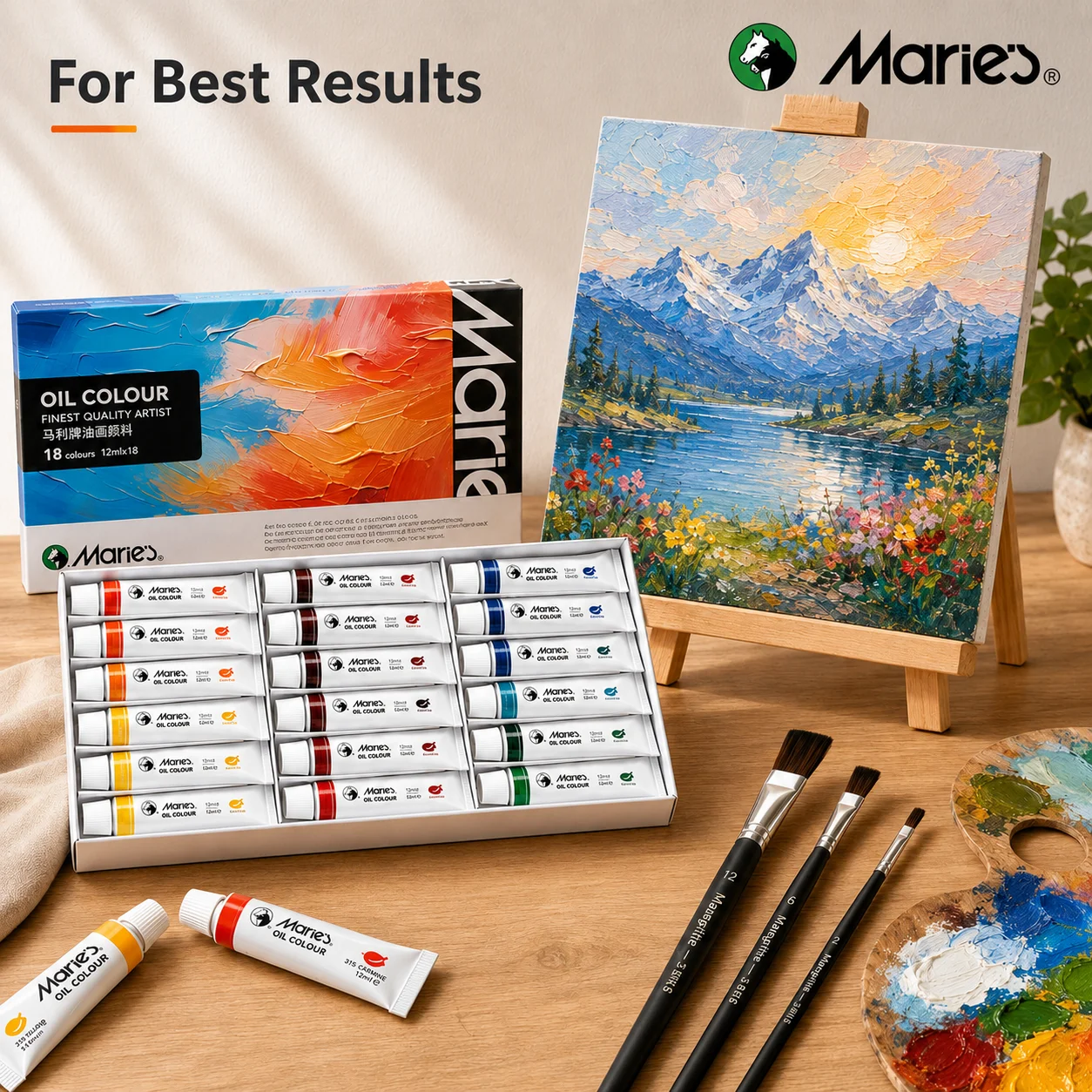21pcs Professional Marie's Oil Painting Kit,18 Colors 12ml/0.4oz Paint Tubes & 3 Brushes for Texture Building,Landscape,Canvas