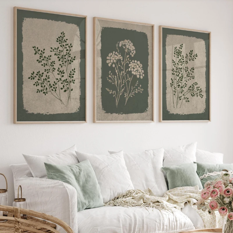 Image of 3-teiliges Boho Wildblumen Wandbild, Frühlings-Blumendruck, Rustikale Botanische Boho Wanddekoration, Grüne Wandkunst, Stimmungsvolle Blumenkunst Heimdekoration