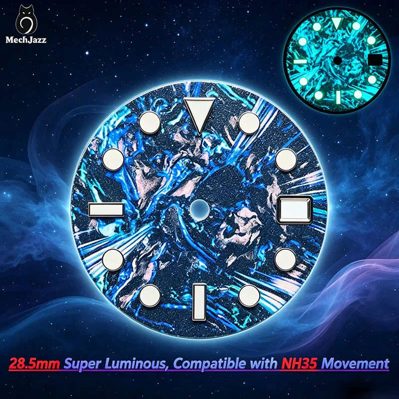 MechJazz 28.5mm Swirl Texture Watch Dial, Super Green Luminous, Date Window, Fits NH35, NH36 Movement, Watch Modification Parts