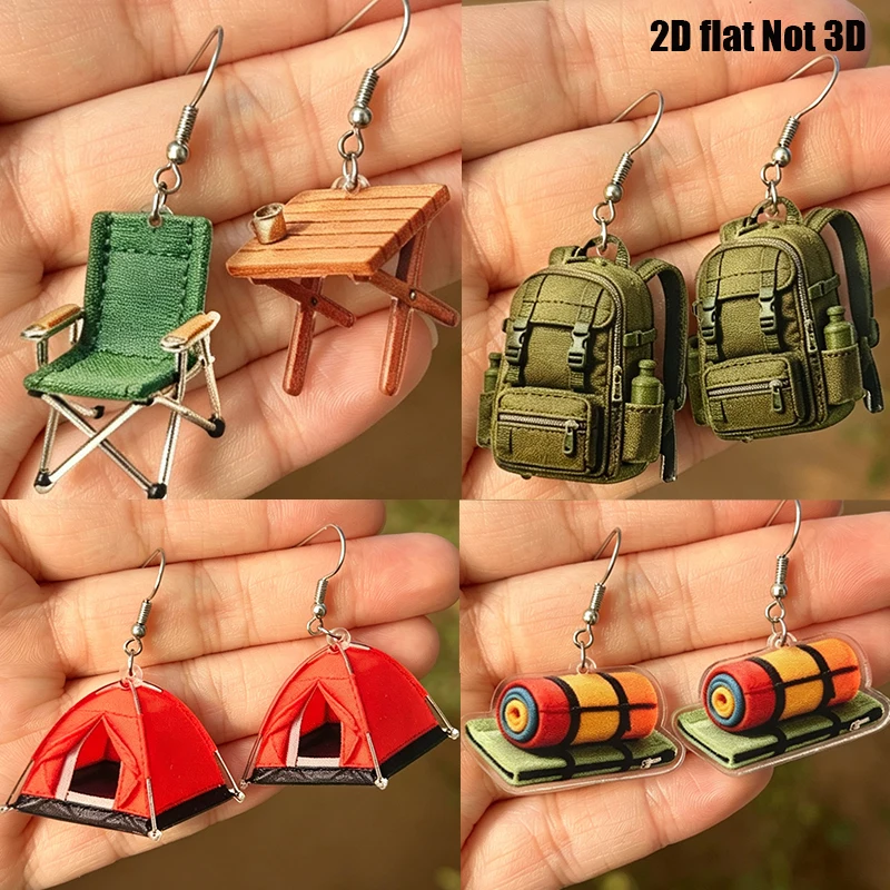 2D Acrylic Camping Theme Earrings Tent Bonfire Backpack Folding Chair Sleeping Mat Wild Dining Table Outdoor Enthusiast Earrings
