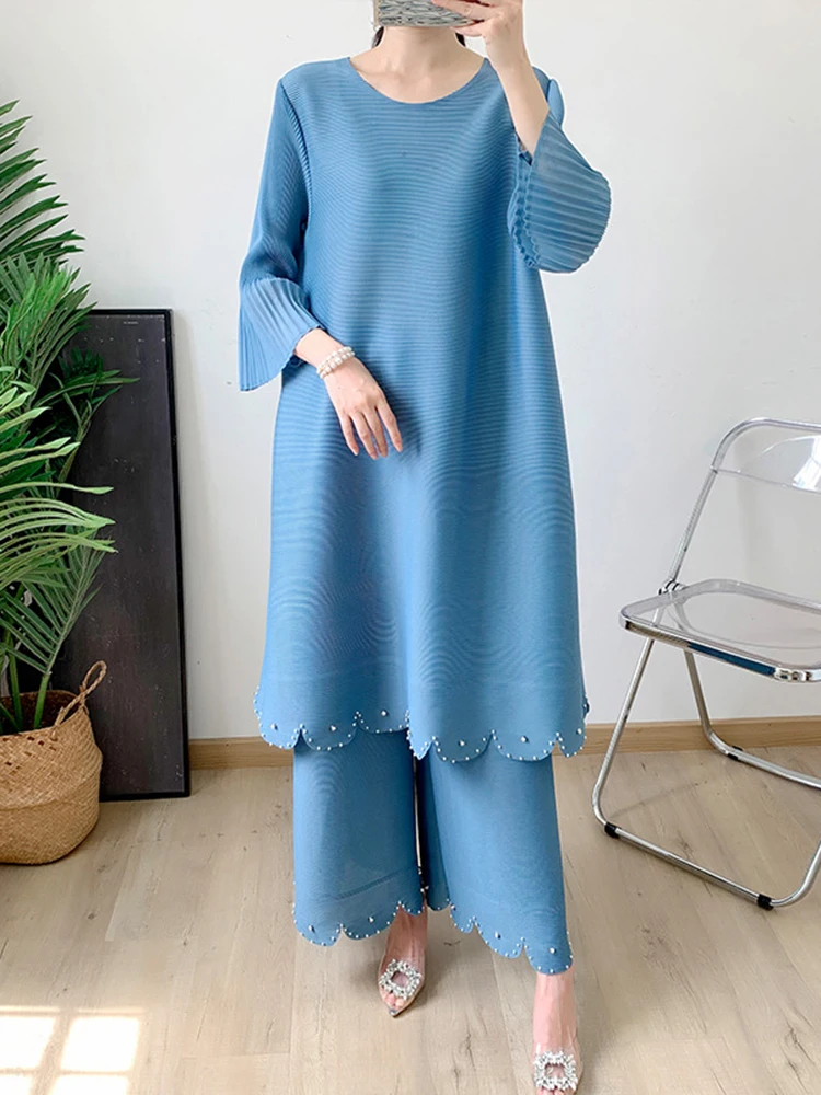 LANMREM Solid Pleated 2 Pieces Set For Women Round Neck Flare Sleeves Tops Elastic High Waist Wide Leg Pants Autumn Sets 2AA1071