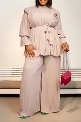 Women's Plus Size Two Piece Pant Set Casual Apricot Pleated Long Sleeves Wrap Elegant Office Lady Wide Leg Autumn Matching Sets