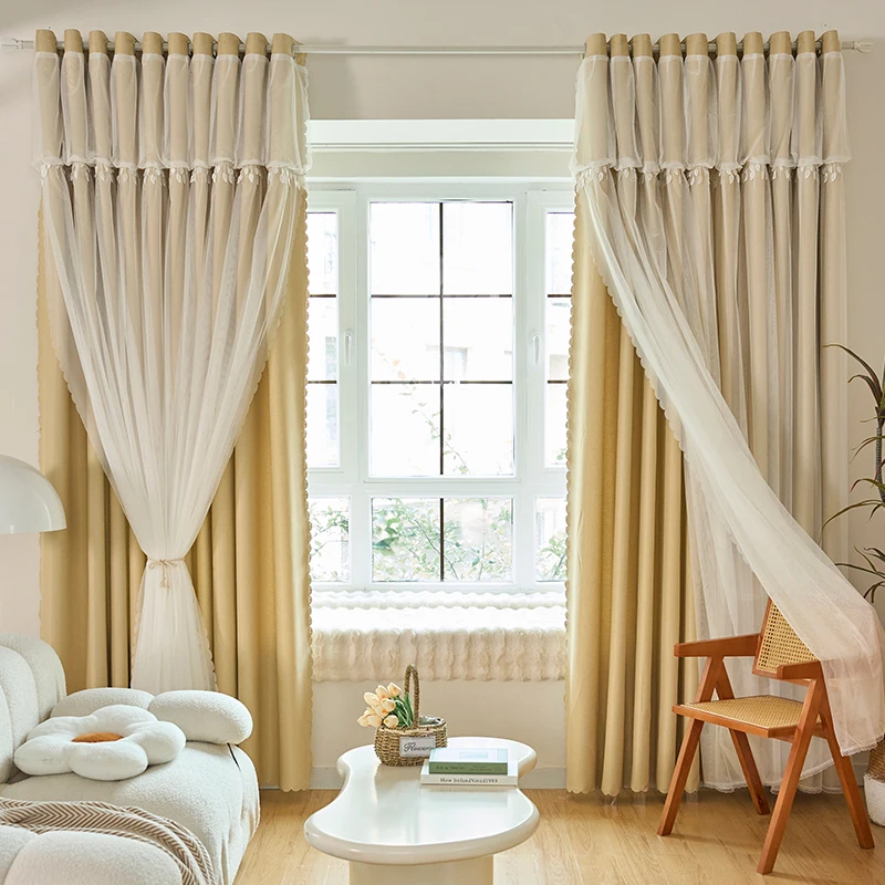 1pc Curtains Mix Match Voile Blackout Curtains, Double Layer Elegant Curtain Panels, Thermal Insulated Curtains For Bedroom Drap