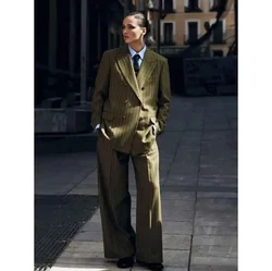 Green Stripes Women's Pants Sets Loose Two Pieces High-end Double Breasted Suits Office Work Fashion Outfits( Blazer+Trousers)