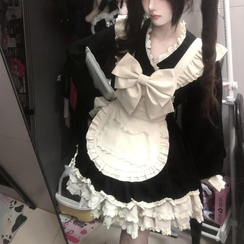 

Новое осеннее милое черное платье Лолиты, комплект женского дизайнерского фартука + кавайное платье с длинными рукавами, модное шикарное милое платье в стиле Харадзюку