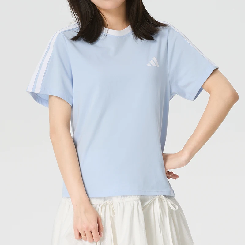adidas-t-shirt-women's-sportswear-three-stripes-fashion-short-sleeved-cotton-breathable-running-crew-neck-top-kx2748