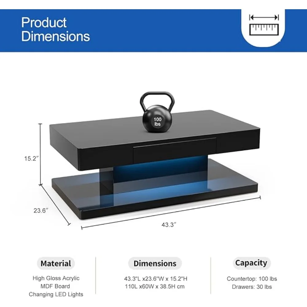 Coffee Table with Drawer, High Glossy Rectangle Coffees End Tables with 16 Colors LED Lights, Coffee Table