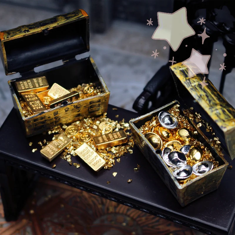 Miniaturowy domek dla lalek w skali 1/12, symulacja złotego sztabka, skrzynia z pokleństwami, pirackie skarby, mikro-krajobraz, dekoracja, zabawa w udawanie dla dzieci.