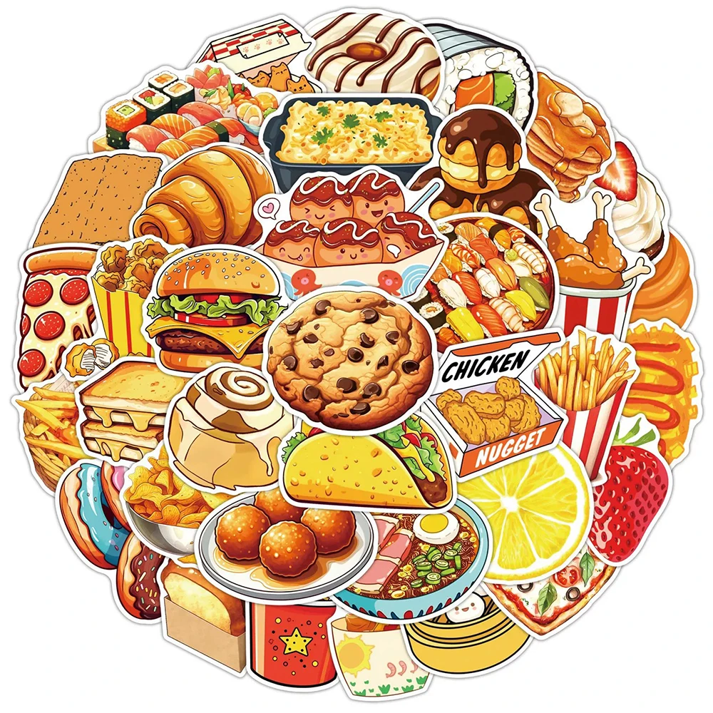 10/30/50pcs Cartoon Delicious Drink Snack Food Stickers Cake Chicken Fries Decals DIY Notebook Suitcase Funny Decoration Sticker