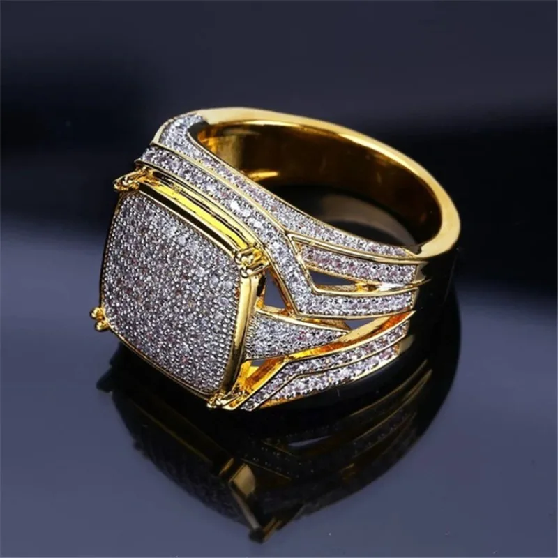 Novo Anel Masculino Quadrado Banhado a Ouro com Diamantes Completos, Aliança de Noivado Bicolor Europeia e Americana