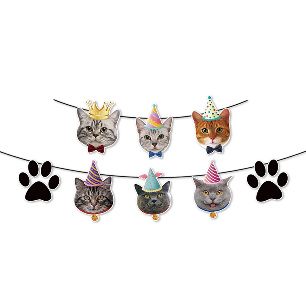 Pet cat party banner pet footprint cat claw disposable tableware cat paw plate cup kids birthday party decoration cat cake decor