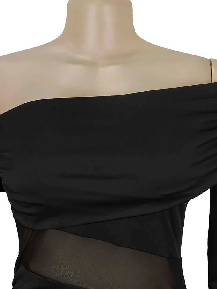 Kricesseen-Vestido largo de manga larga para mujer, vestido Sexy negro con hombros descubiertos, vestido de noche Formal de sirena fruncido con corte de malla