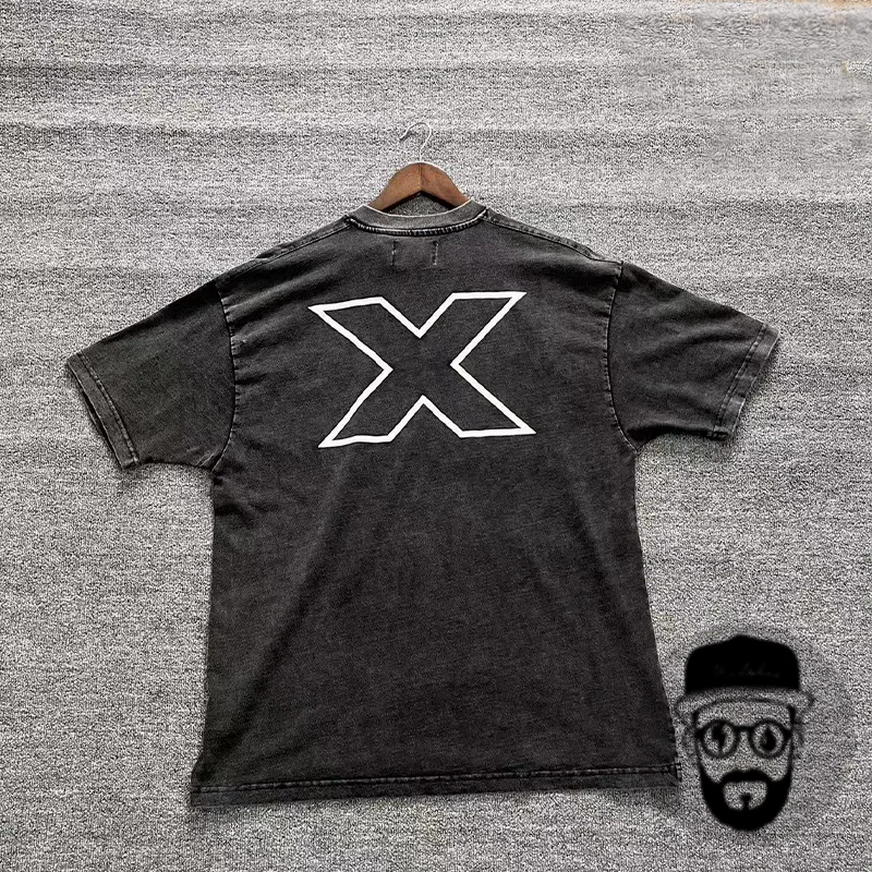 New washed black 032c men's T-shirt with X logo print, thick retro loose casual streetwear