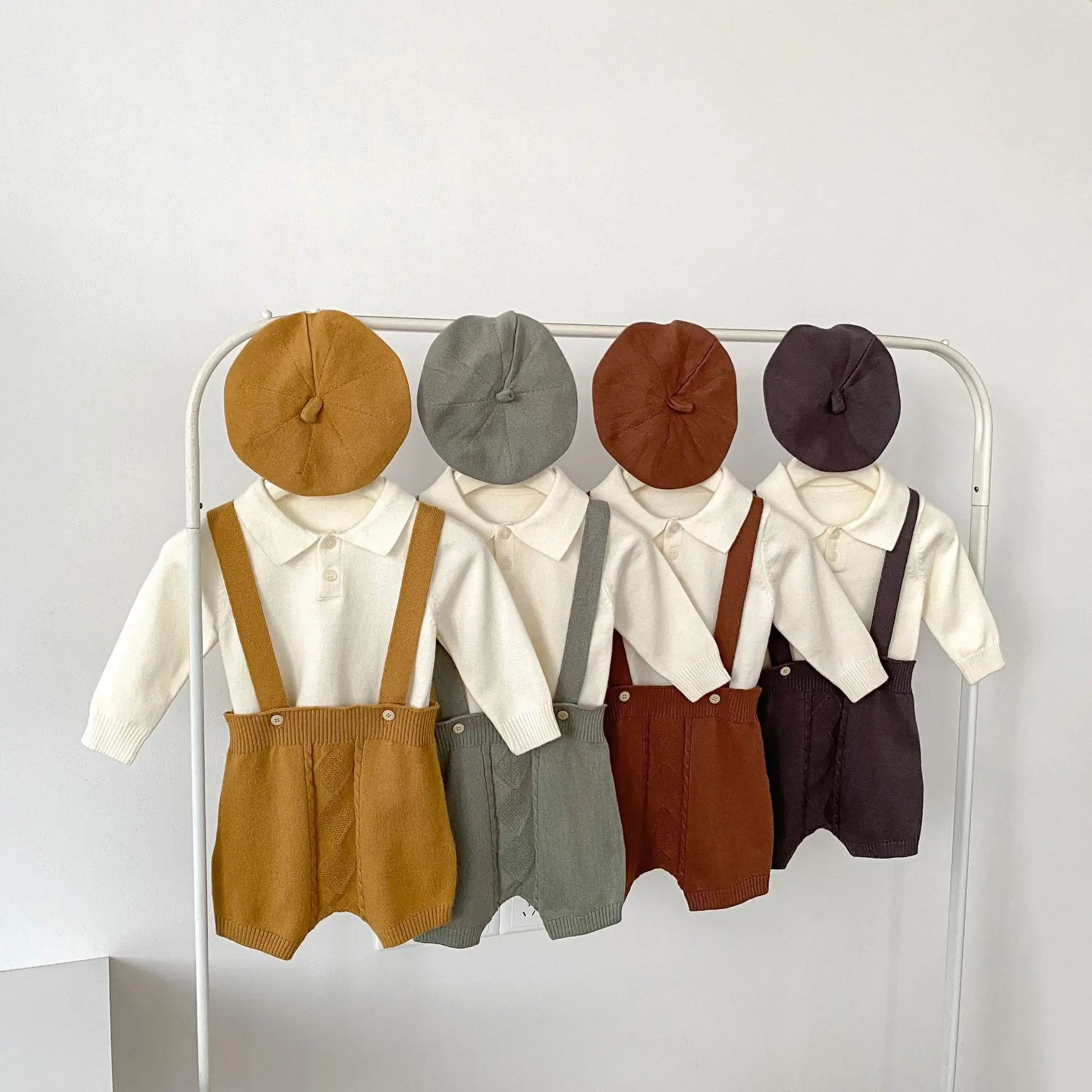 

2025 Autumn New Baby Boy Knitted Overalls Set Infant Solid Lapel Long Sleeve Sweater + Strap Pants + Hat 3pcs Suit Boys Outfits