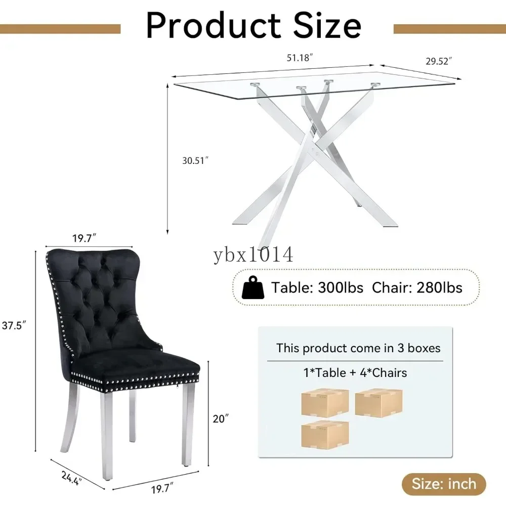 5 Piece Glass Dining Table Set, 51" Rectangular Glass Table and 4 Velvet Upholstered Chairs, Glass Dining Table Set for 4