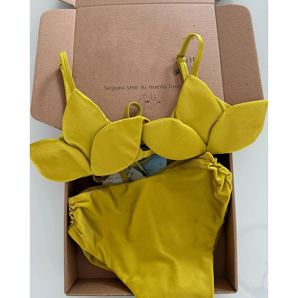 Conjunto de Bikini estilo vendaje de cintura alta para mujer, Bikinis con volantes y estampado Floral, Bikini brasileño con tiras de realce, traje de baño 2024