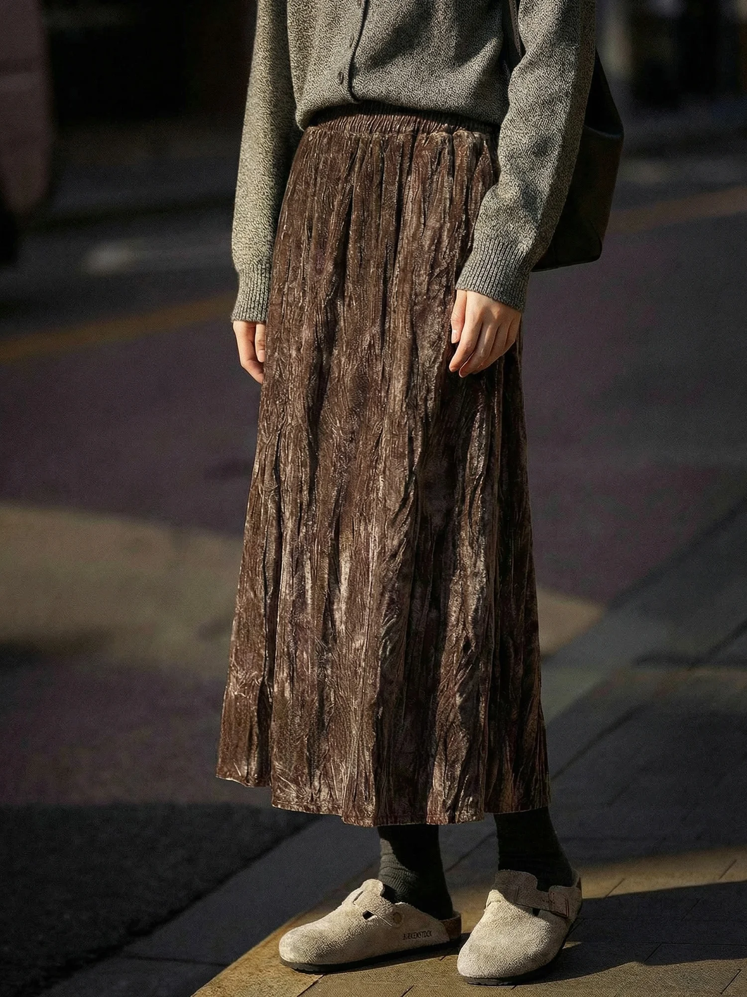 

Chivirin Velvet Skirt Women's High Waist A-Line Midi Skirt Spring Summer Autumn Commute Friendly Skin-friendly Breathable