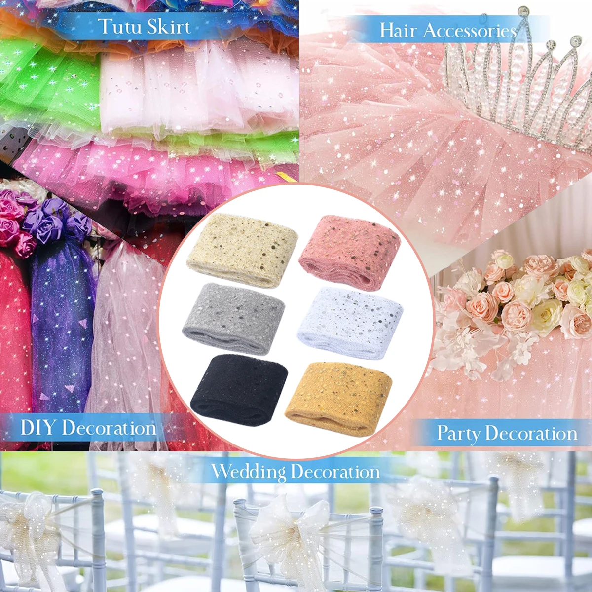 5cm 10Yards Glitter Sequin Tulle Fabric Roll Spool Tutu Wedding Decoration Organza Laser DIY Craft Birthday Party Supplies