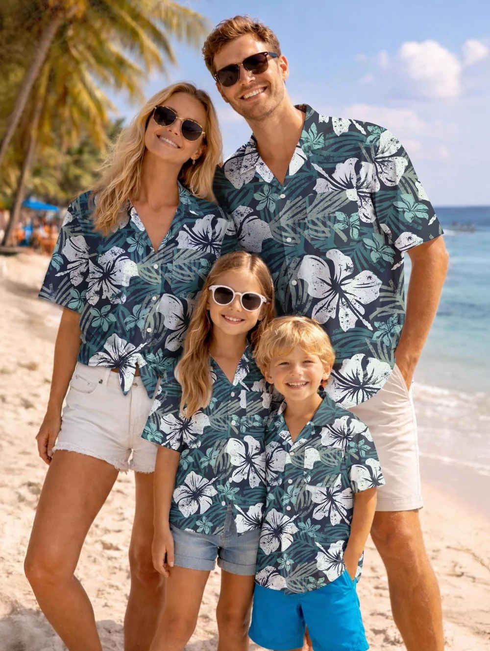 Summer Men's Family Wear Hawaiian Style Shirt Summer Coconut Tree Graphics Short Sleeve Shirt Vacation Parent-Child Gift Shirt