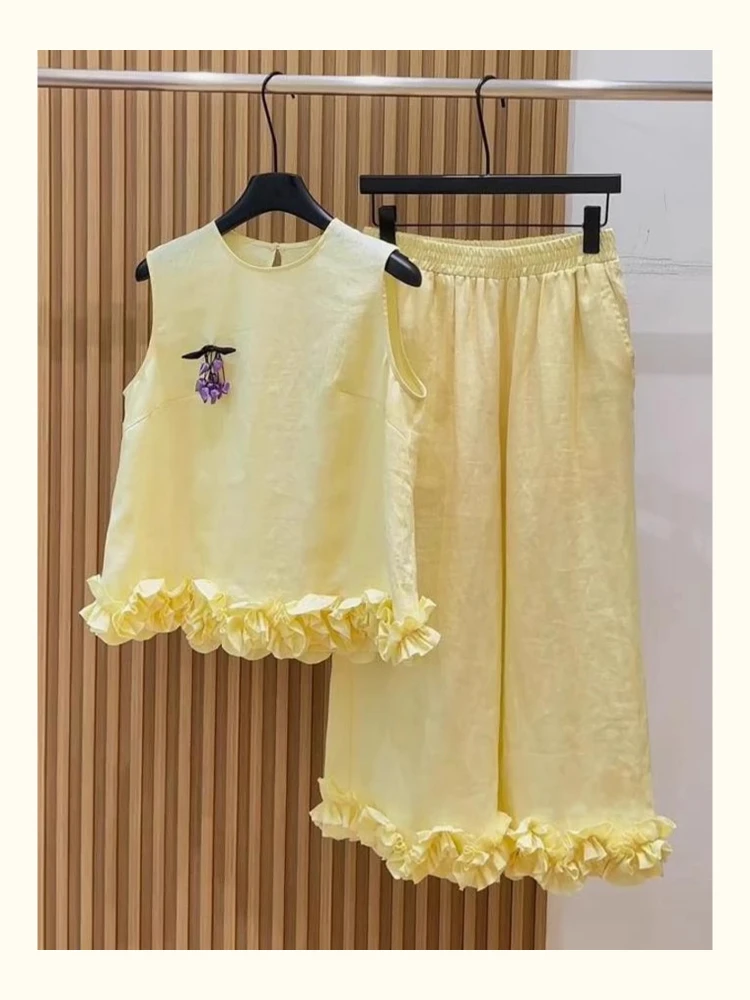 2025 summer hem pleated embroidery design loose vest+simple wide leg pants women's solid color casual two-piece set