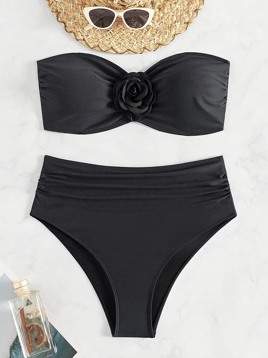 XS - XL 3D Flower Bandeau Bikinis Female Swimsuit High Waist Bikini Women Swimwear Two-pieces Bikini Set Bathing Suit Swim Lady