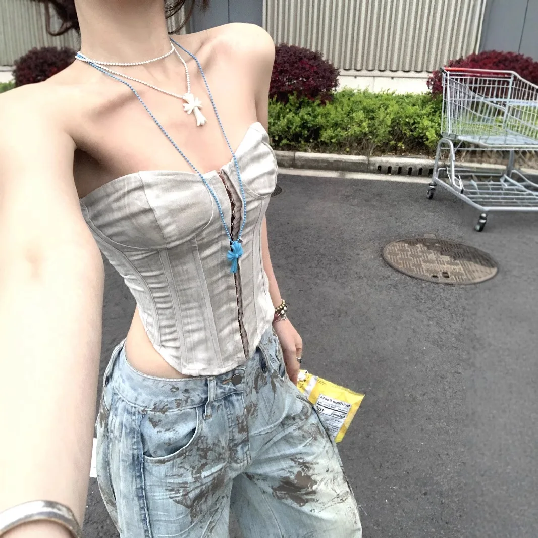 2026 Women Boned Corset Cami Top Slim Fit Outerwear Sleeveless Bustier Trendy Street Figure Flattering Spaghetti Strap Summer