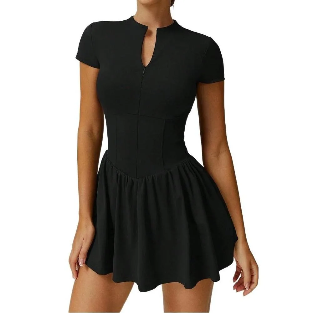 Long Sleeve Tennis Dress for Women, Zip Front High Stretch Pleated Skort, Anti-Exposure Slim Fit Summer Athletic Workout Dress for Golf Running Yoga Fitness, 75% Nylon 25% Elastane, Solid Color