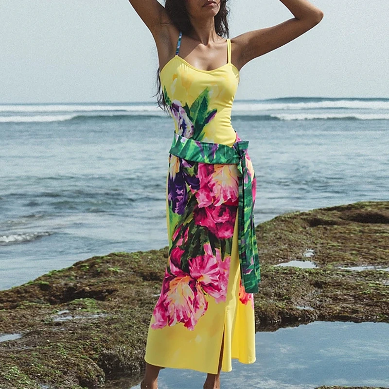 

2026 summer casual multi style sleeveless new swimsuit with bright yellow printed vacation one-piece swimsuit set