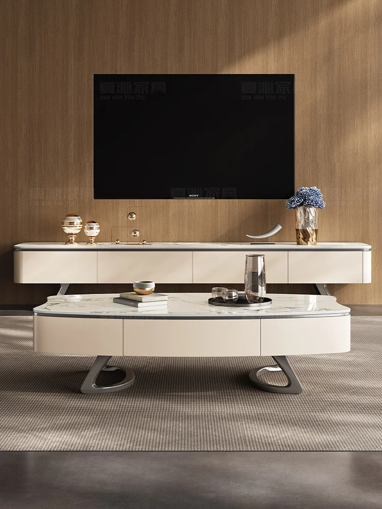 Modern minimalist and luxurious stone slab tea table and TV cabinet combination