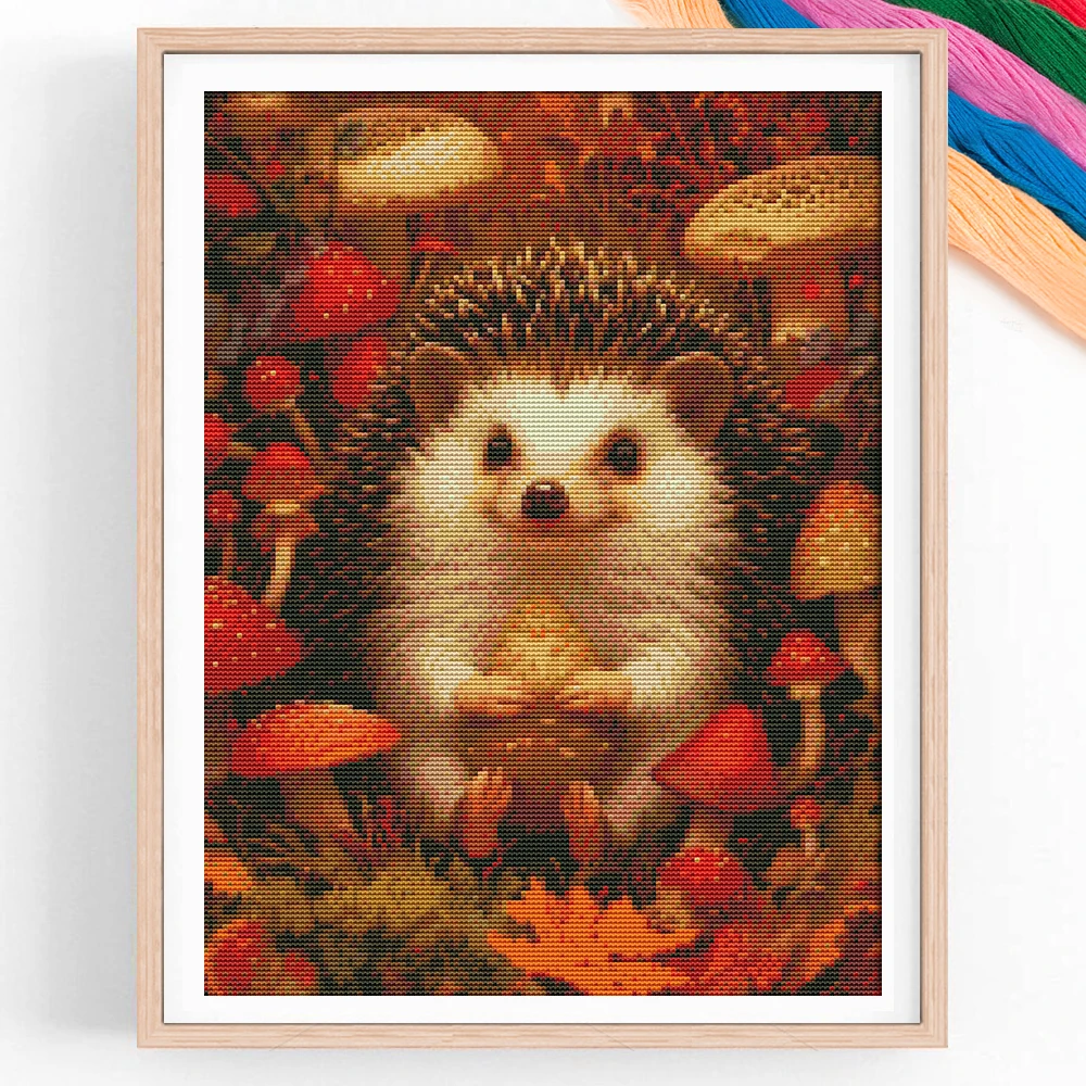 1-teiliges DIY-Kreuzstich-Set, Herbst-Igel-Pilz, rahmenloses Stickset, ideal für Wohnzimmer, Eingang, künstlerisches Bastelzubehör