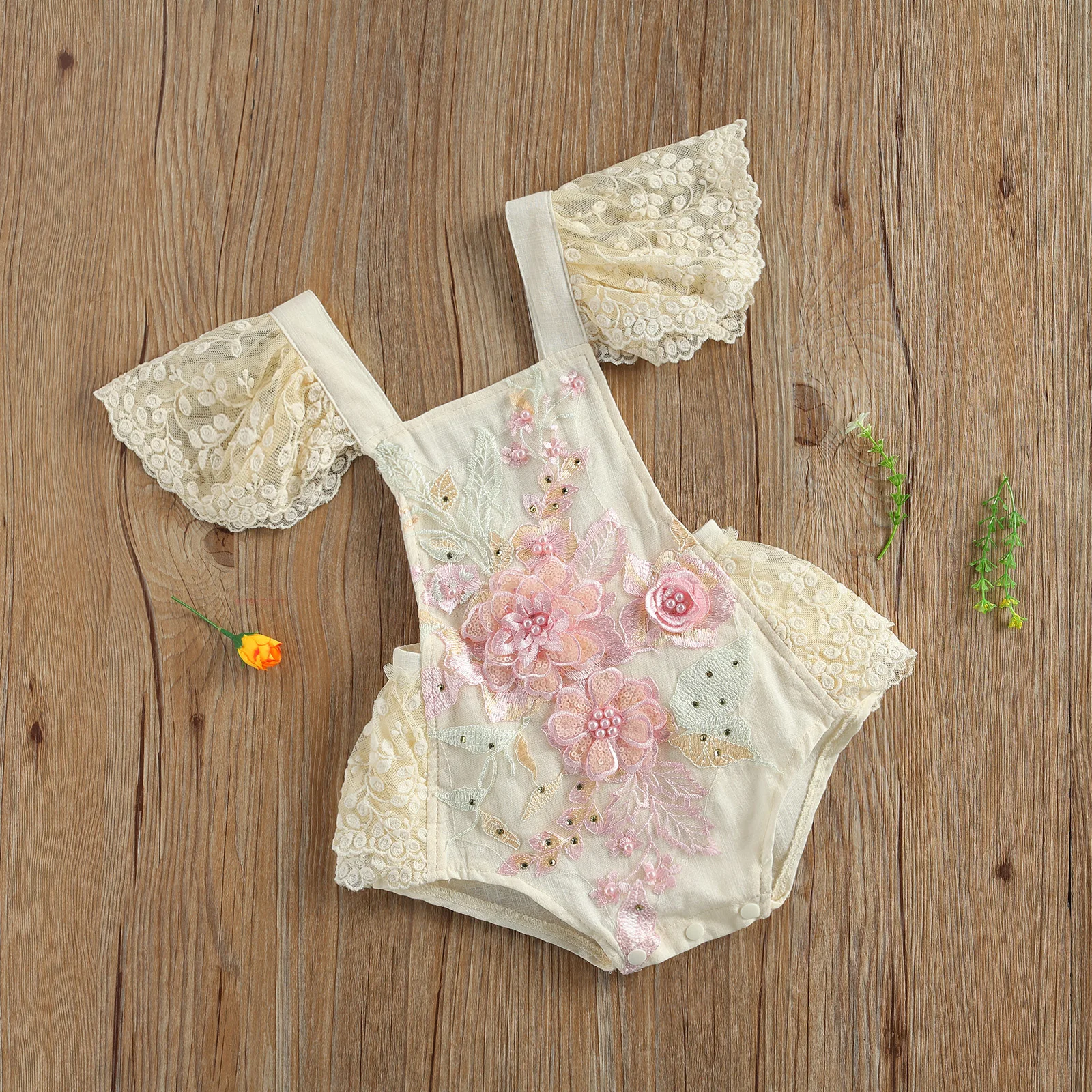 Newborn Baby Girl Crochet Lace Romper Fly Sleeve Square Collar Tie-Up Playsuit for 1st Birthday