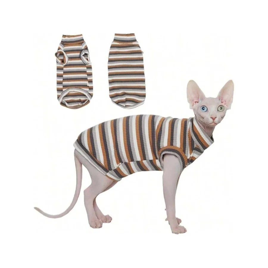 【Nuevo estilo】Camiseta para gatos Sphynx, chaleco de verano elástico y transpirable para gatos, camisa ligera sin mangas con rayas marrones para gatos sin pelo