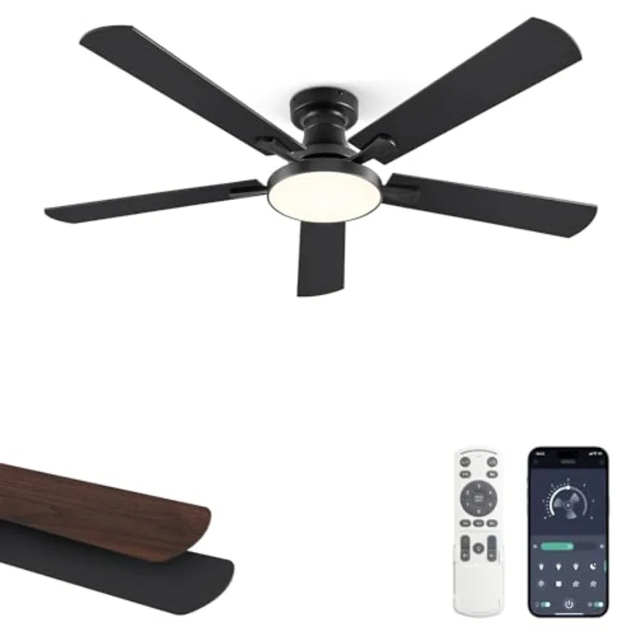 52 Inch Ceiling Fans with Lights for Living Room Bedroom, Black Flush Mount Low Profile Fan with DC Motor, 6 Speeds, 3CCT Dimma