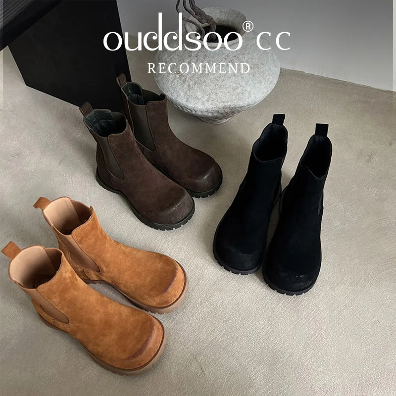 

Ods Women Cow Suede Platform Boots Round Toe Chunky Heel Boots for Women Winter Fashion Short Boots Slip-on Concise Women Boots