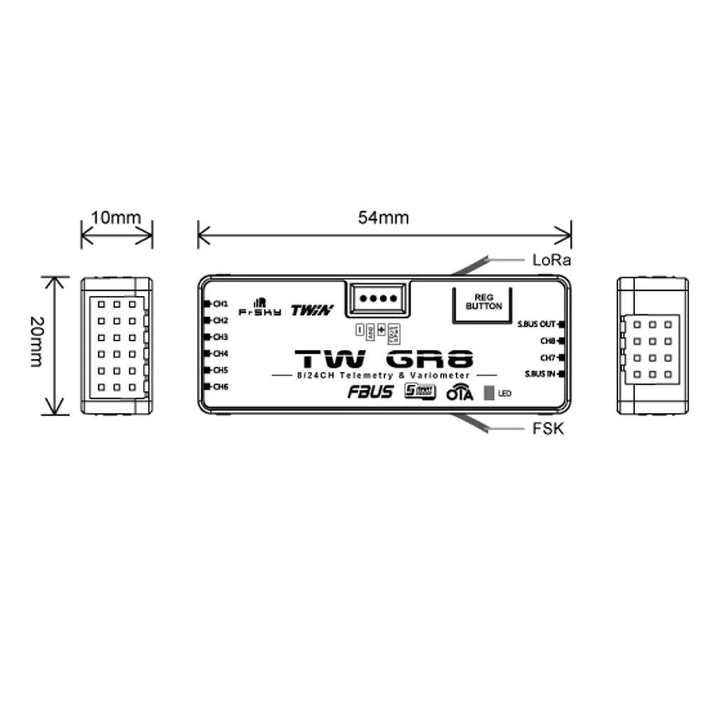 FrSky TW GR8 Dual 2.4GHz Receiver With Built-in Air Pressure Sensor 8PWM Channels Can Support Telemetry Function Via FBUS/S.Port